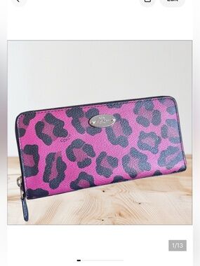 Coach Ocelot print accordion cranberry Black Animal Print silver hardware EUC